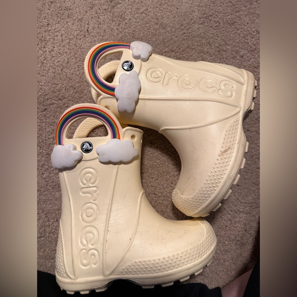 CROCS Kids Cream Boots with Rainbow Accents